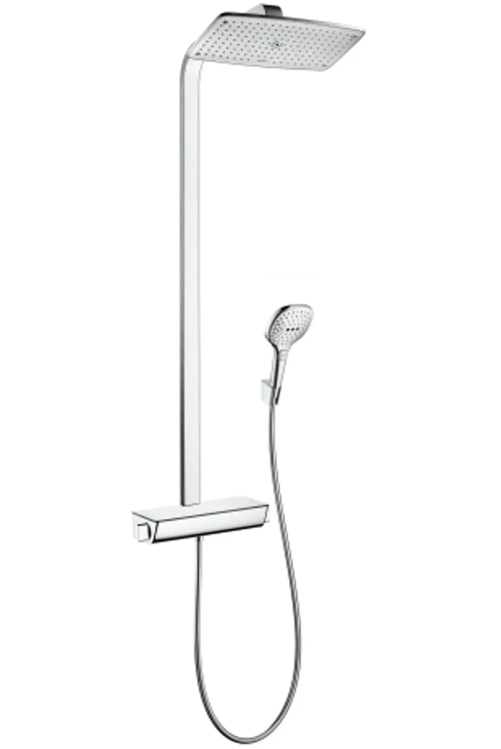 Hansgrohe Duschsystem mit großer Regendusche und Handbrause, kombiniert mit einem Thermostat. Design in verchromtem Finish und flexibler Schlauchführung.
